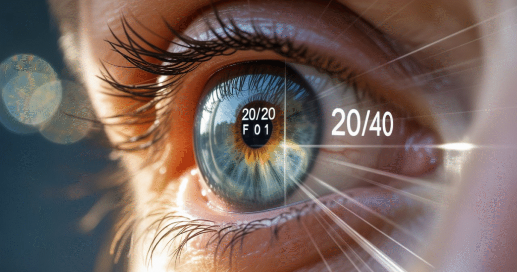 Optometrist explaining the meaning of 20/40 vision during an eye test