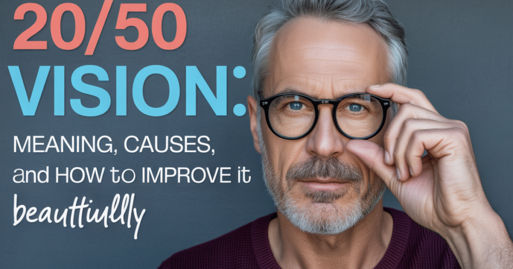 20/50 Vision: Meaning, Causes, and How to Improve It Person taking an eye exam to understand 20/50 vision meaning, causes, and ways to improve visual clarity