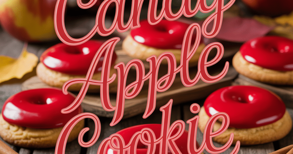Freshly baked candy apple cookies with apple pieces and red glaze
